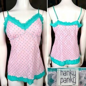 Hanky Panky Teal & Pink Stretch Lace & Ruffle V-Neck Polkadot Camisole Top Sz L